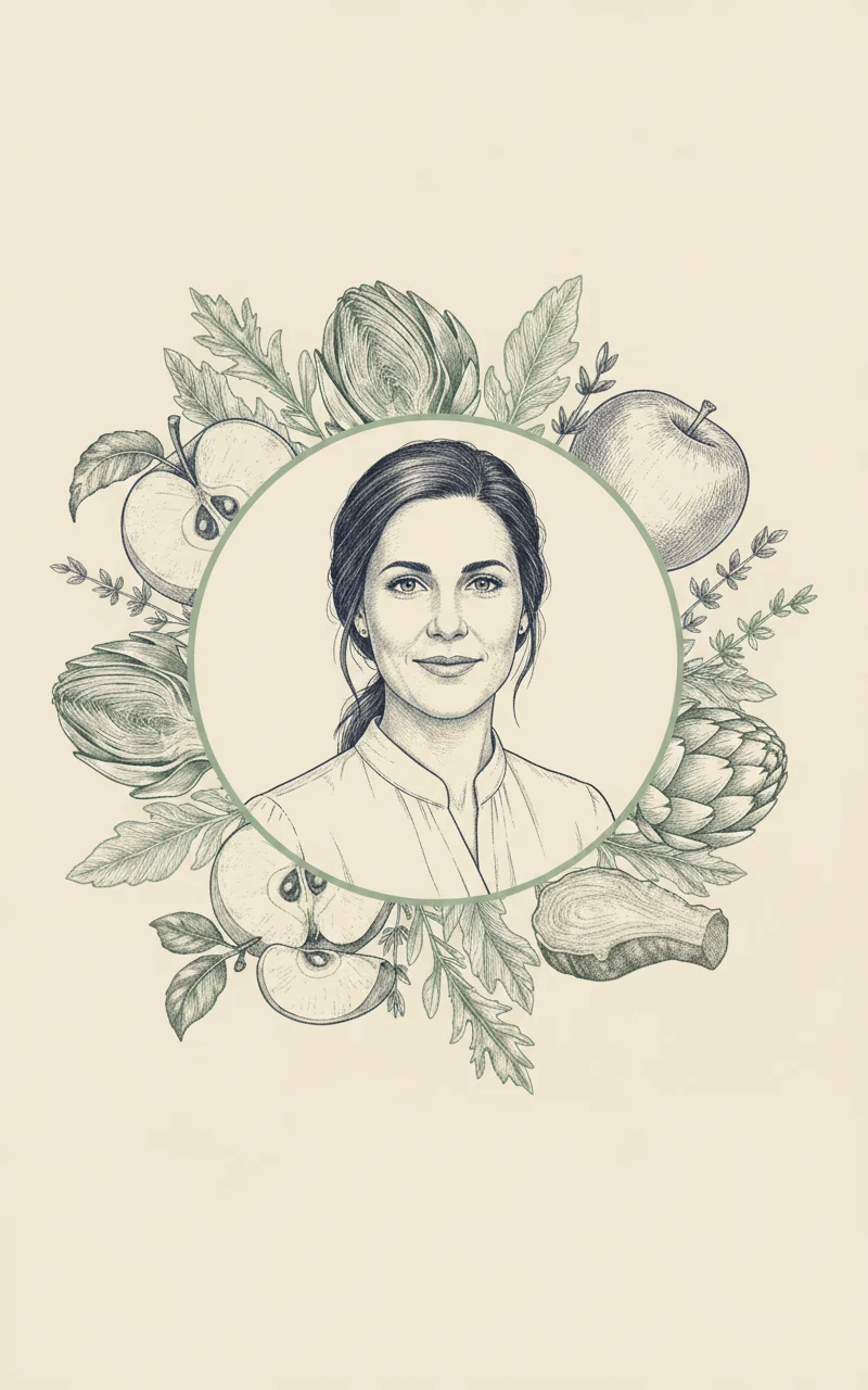 Engraved botanical portrait of the Stillbelly founder, drawn in the same style as the product labels