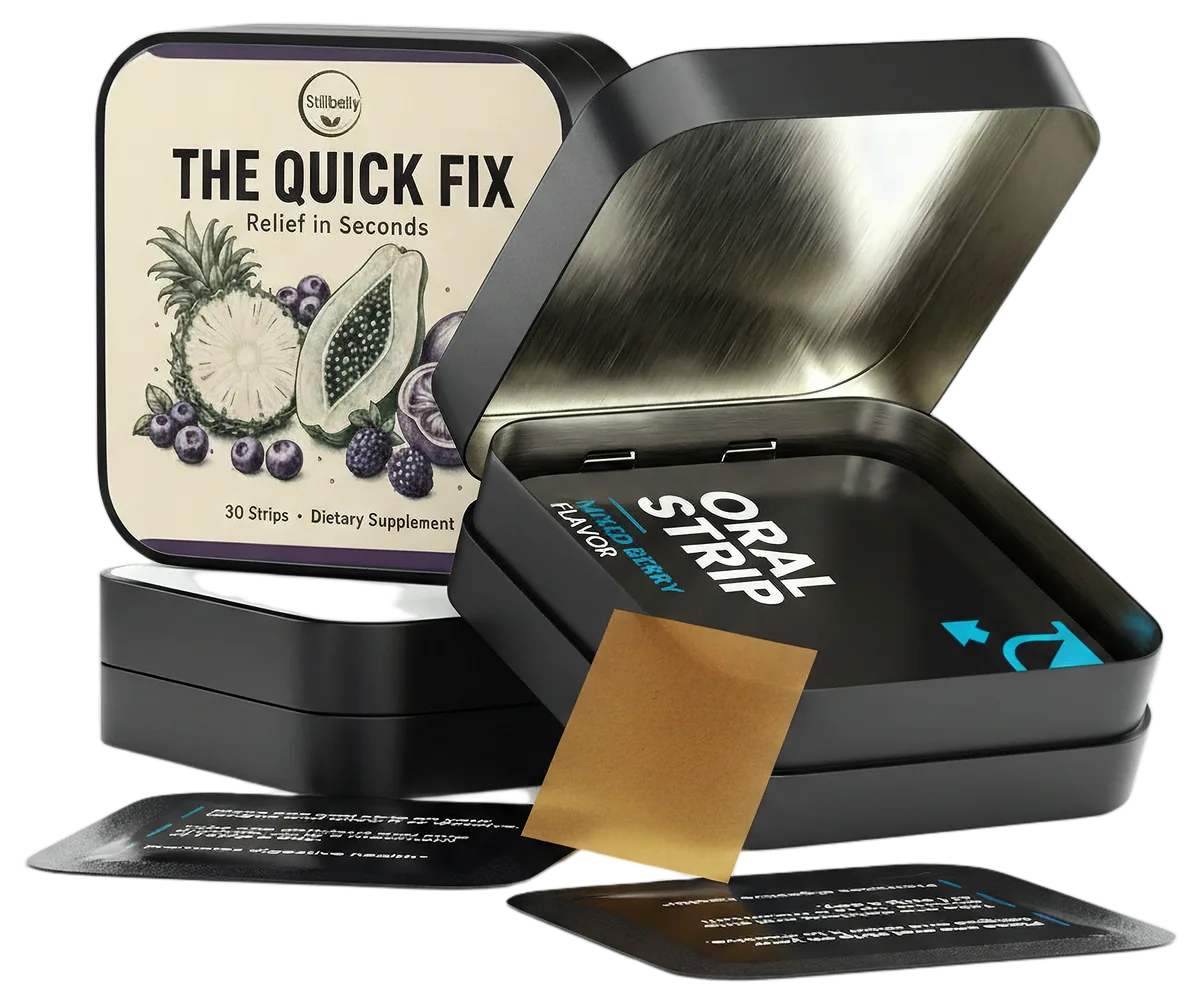 The Quick Fix tin open: individually wrapped sachets and a translucent orange strip