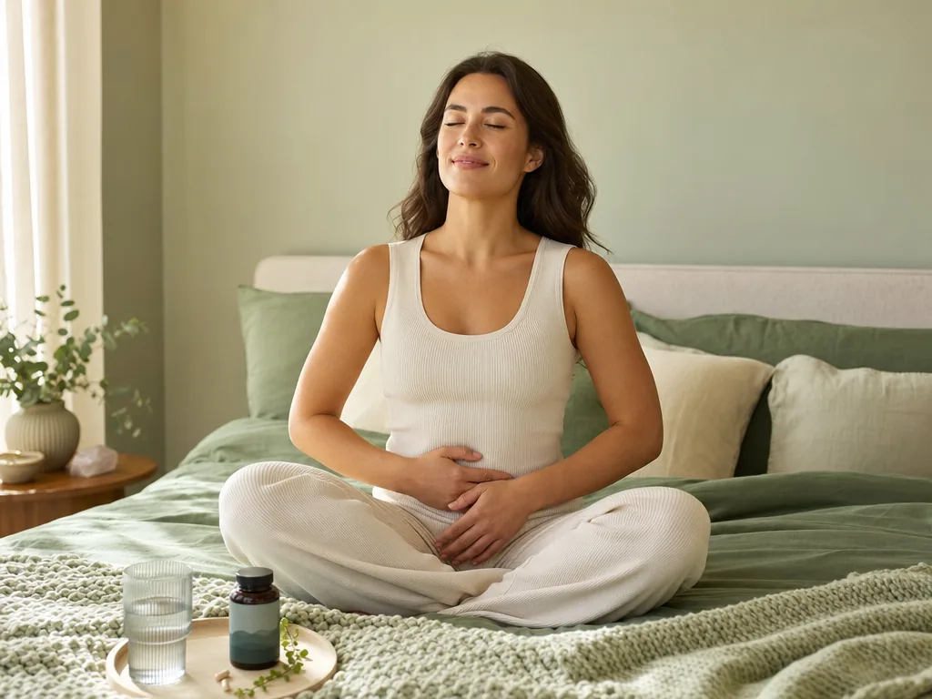 Woman holding her stomach in discomfort after a meal