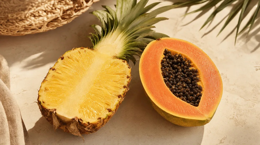 A halved pineapple and papaya on a warm cream surface