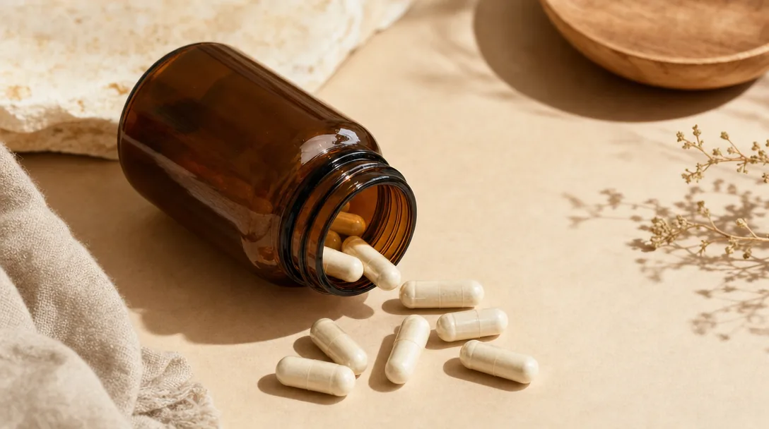 An amber supplement bottle with probiotic capsules on a clean surface