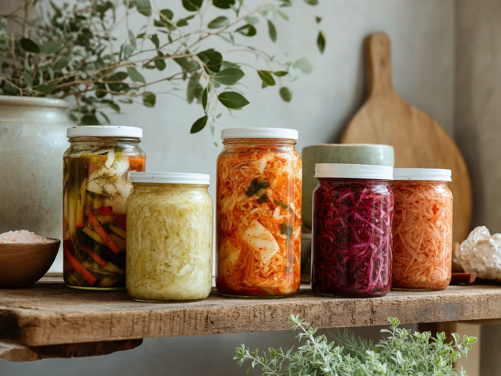 Jars of fermented vegetables on a wooden shelf
