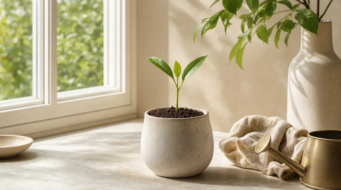 A small green seedling growing in soil by a bright window