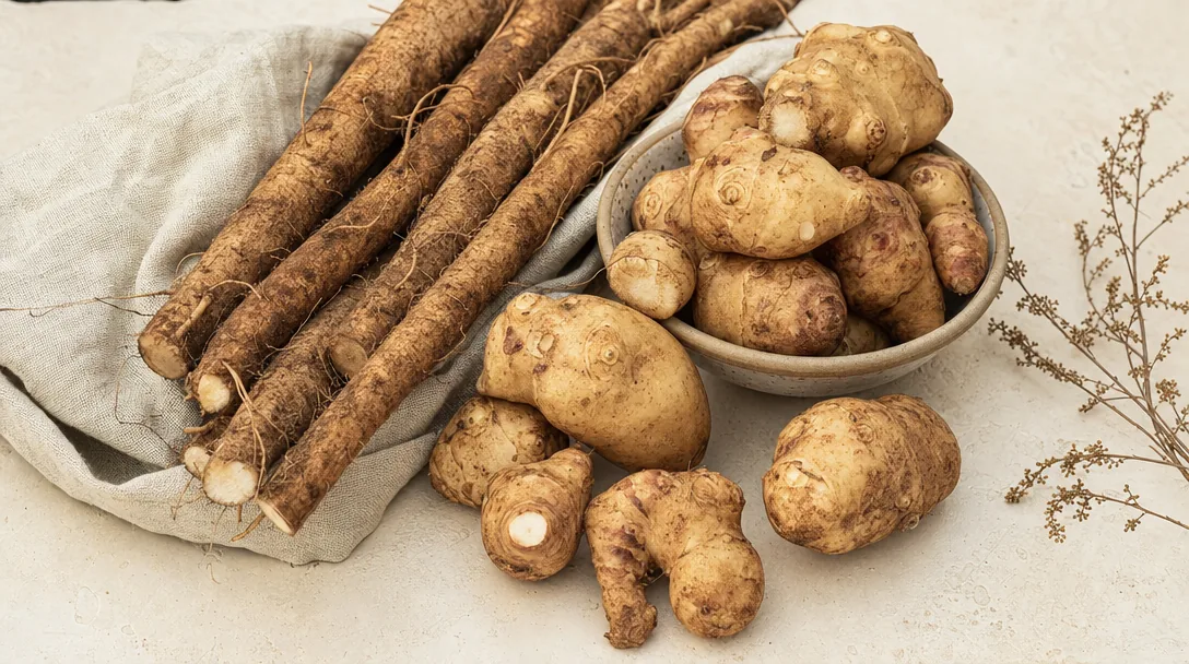 Fresh chicory root and Jerusalem artichokes on a cream surface