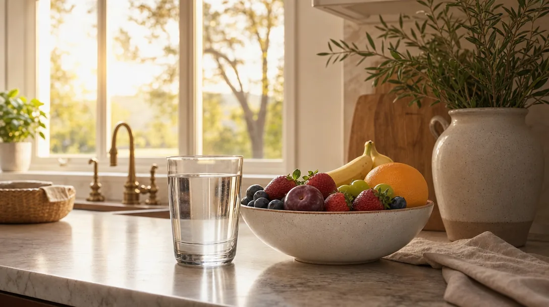 A calm morning counter with a glass of water and fresh fruit in sunlight