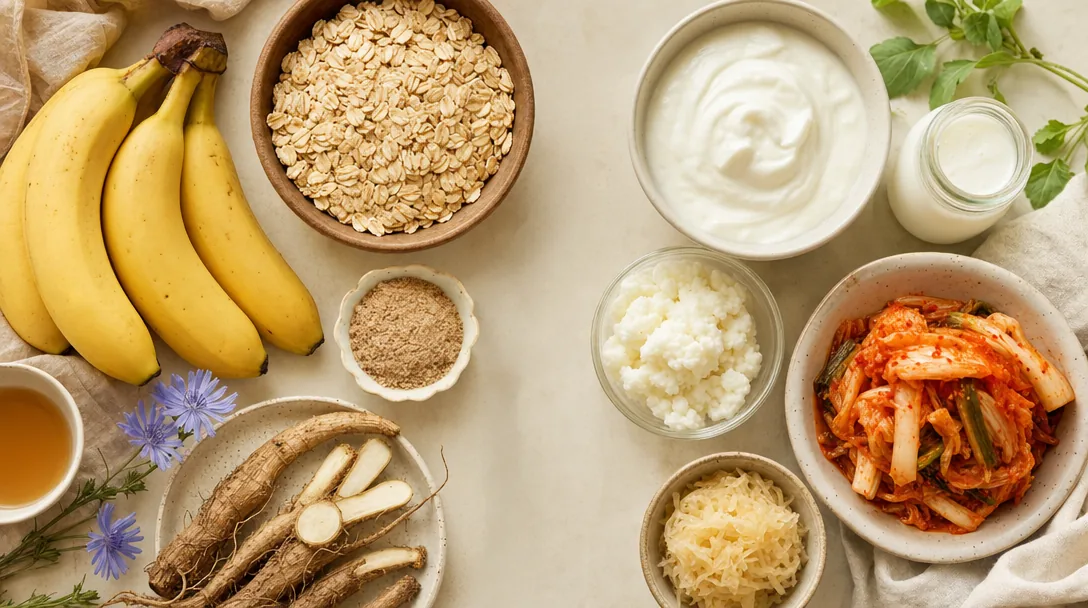 Fiber-rich foods beside fermented foods on a cream surface
