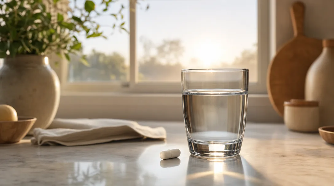 A glass of water beside a single capsule in morning light