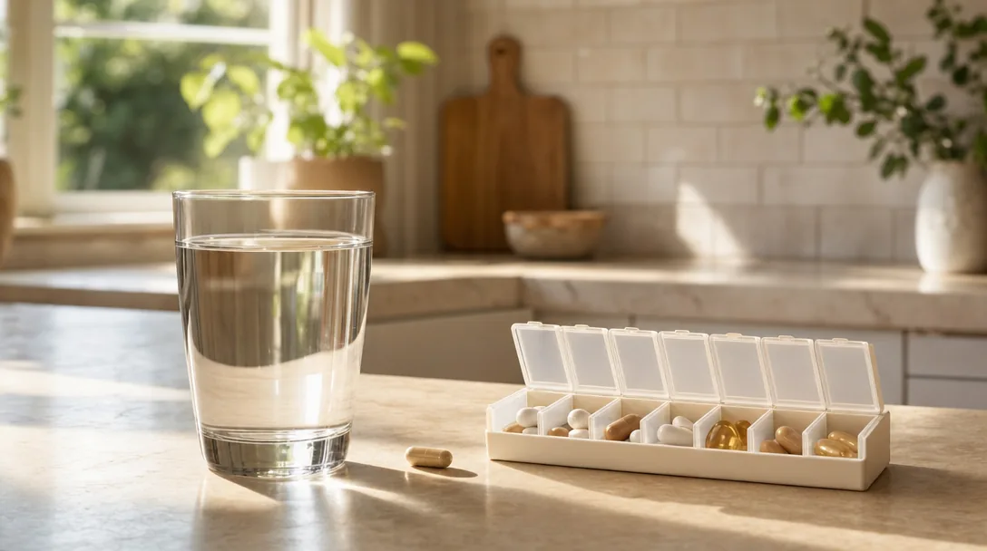 A glass of water beside a capsule and a weekly pill organizer