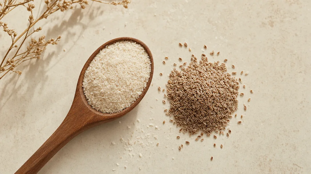 A wooden spoon of psyllium husk powder and seeds on a cream surface