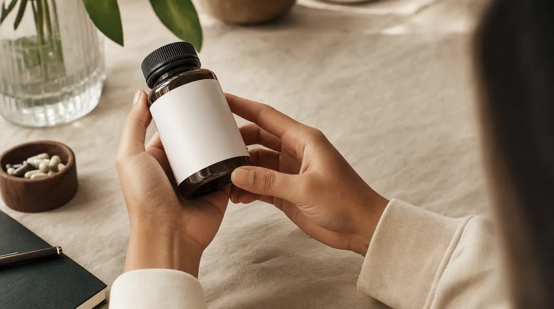 Two hands holding and reading a plain supplement bottle