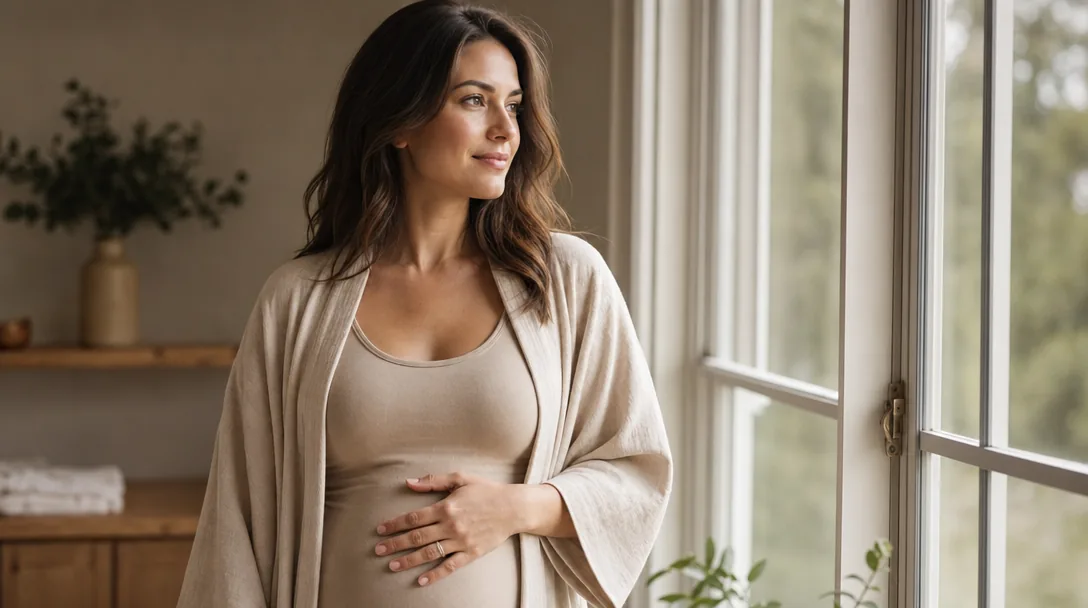 A woman resting a hand on her stomach by a bright window